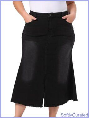 Plus Size Denim Midi Skirt High Waist A Line Fishtail Jean Skirt with Pockets